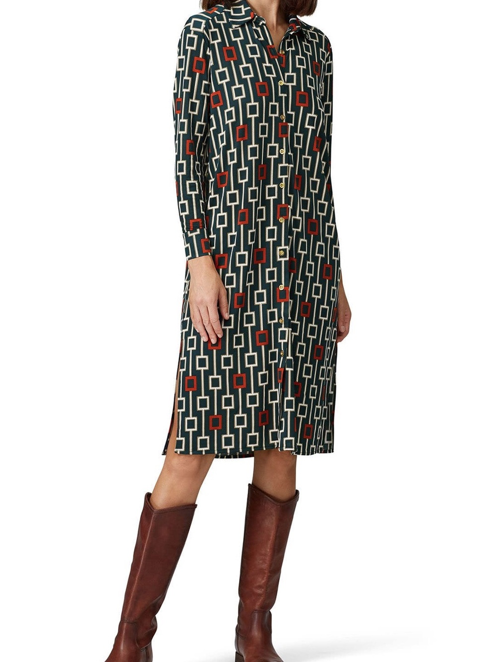 Alexia Admor Green Geometric Long-Sleeve Shirt Dress with Red Accents